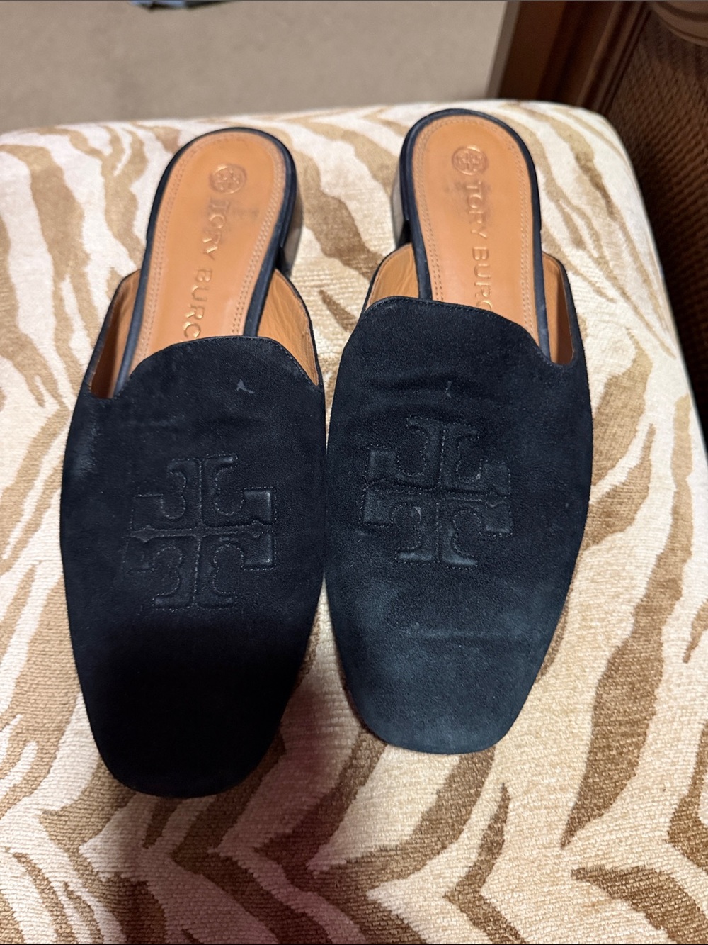 Tory Burch Black Suede Slip-On Loafers with Embossed Logo
